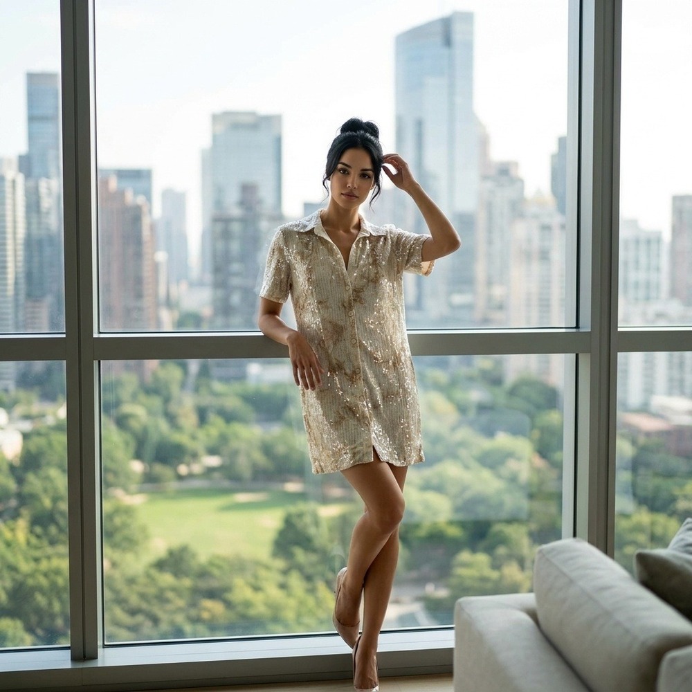 Anthropologie Pilcro Sequin Shirt Dress Cream Tan Boxy Cocktail Party Mini Sz M